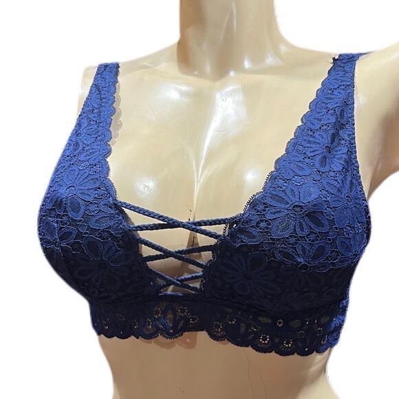 Victorias Secret Sexy lace up Strappy Front Daisy lace bralette bra navy Medium - Picture 1 of 4